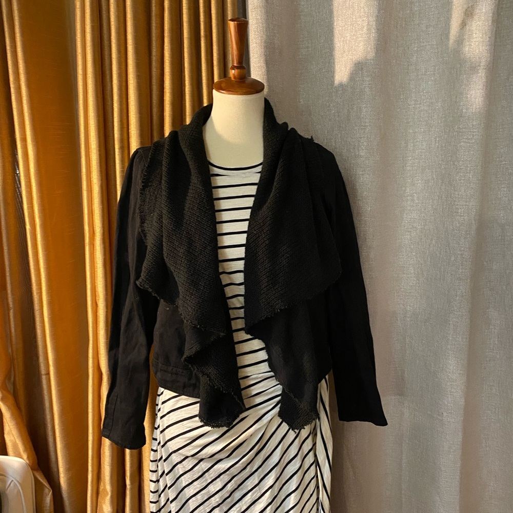 Hem & Thread Mixed Media Jacket With  Woven Body And  Sweater Knit Drape Collar